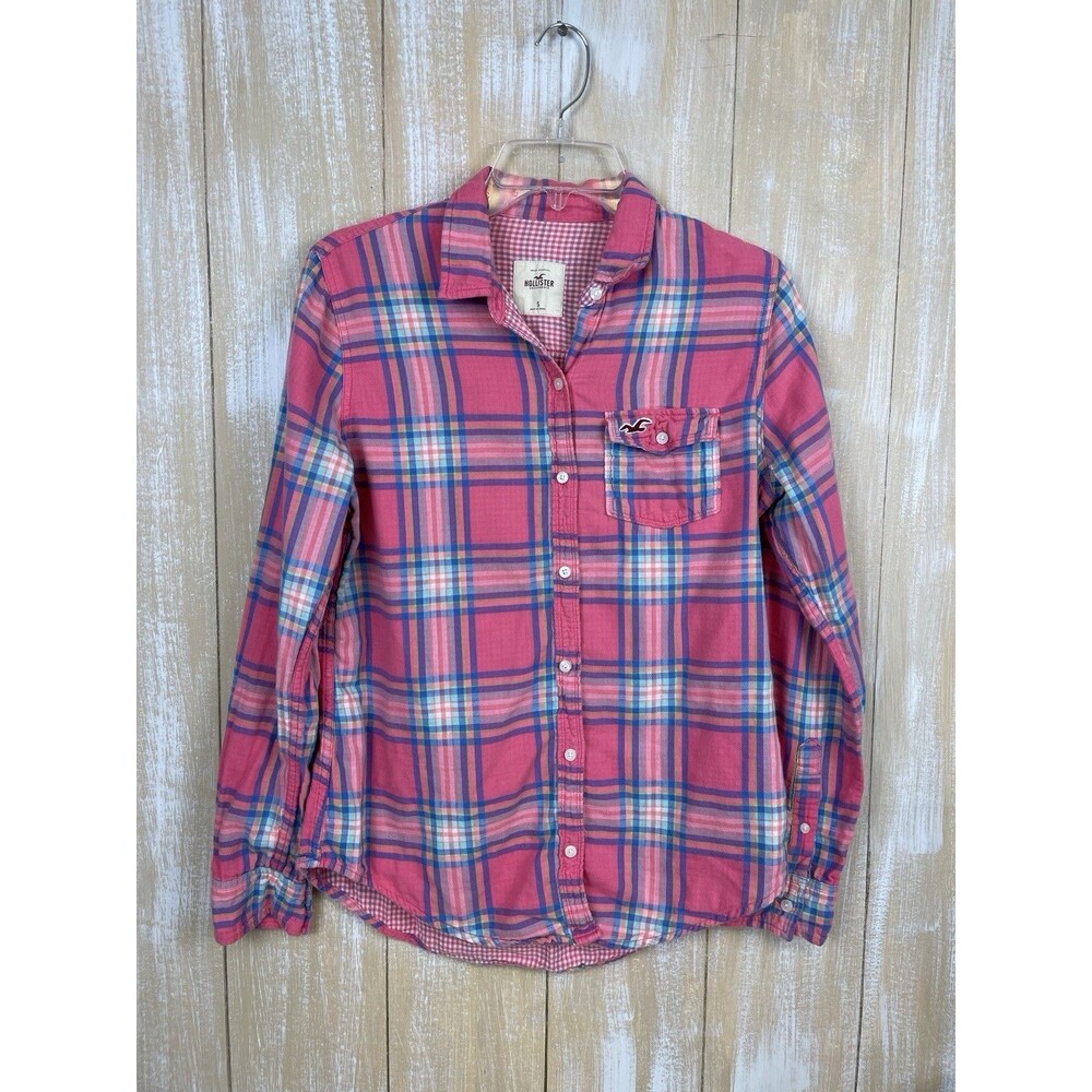 Hollister Pink Plaid Flannel Shirt Women's Small Button Front Cotton Preppy